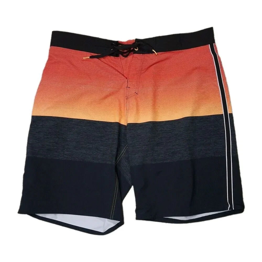 BURNSIDE MENS BOARD SHORTS SWIM TRUNKS SIZE 36 ORANGE BLACK STRIPE QUICK DRY...